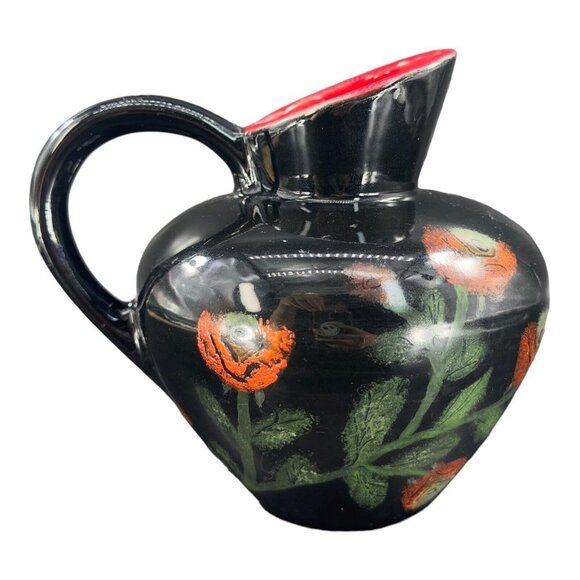 German Pottery Other - Vintage Hand Painted German Ceramic Pottery Pitcher Carafe With Red Flowers VTG